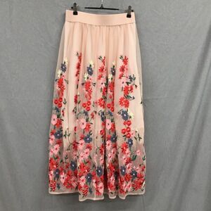 Maje Floral Embroidered Tulle Maxi Skirt Pink Mesh Size 2 Medium Boho Romantic